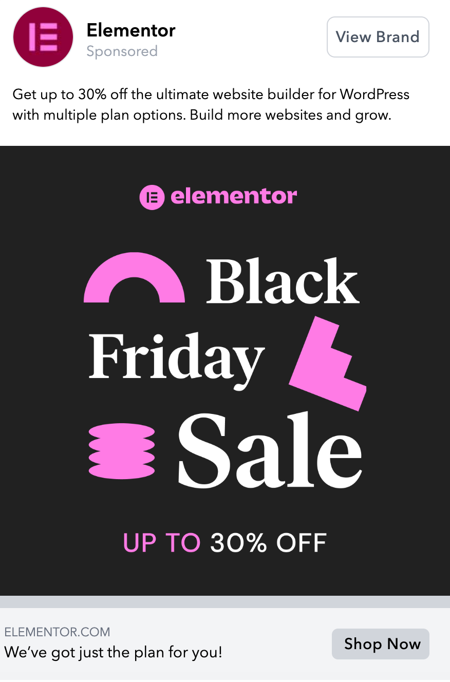 Black Friday Facebook ad Elementor