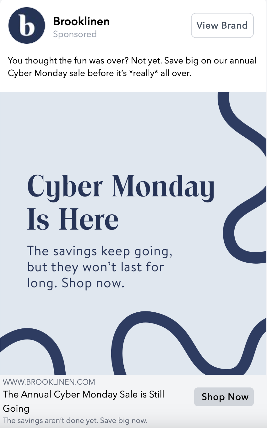 Brooklinen Cyber Monday Facebook Ad